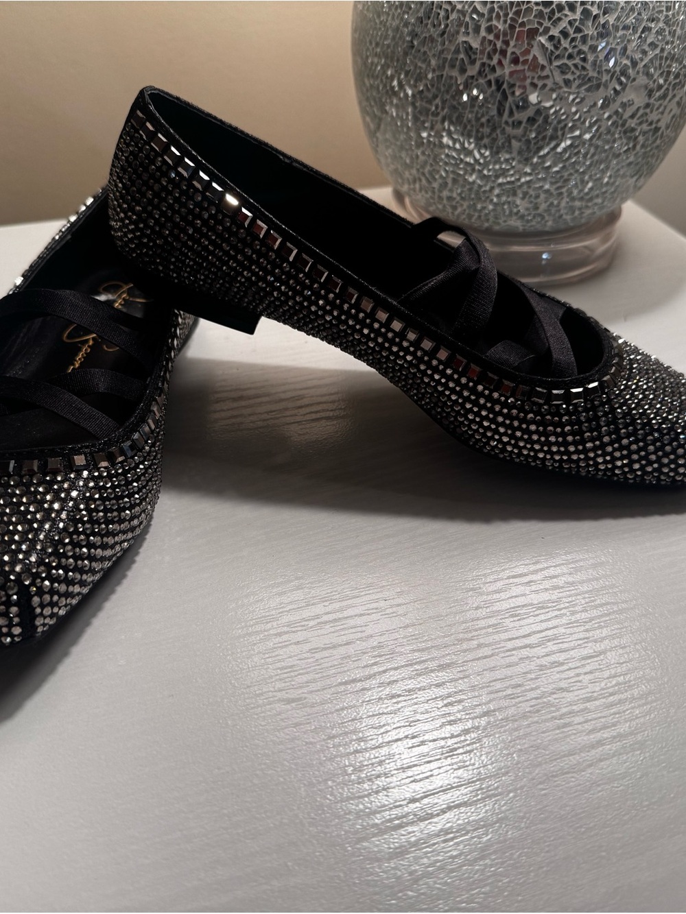 Jessica Simpson Black Jeweled Ballet Flats with Ribbon Detail